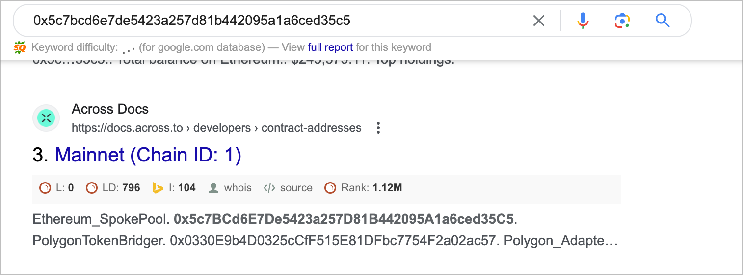 Check out the search results and look for a link to an app's docs that includes the contract address